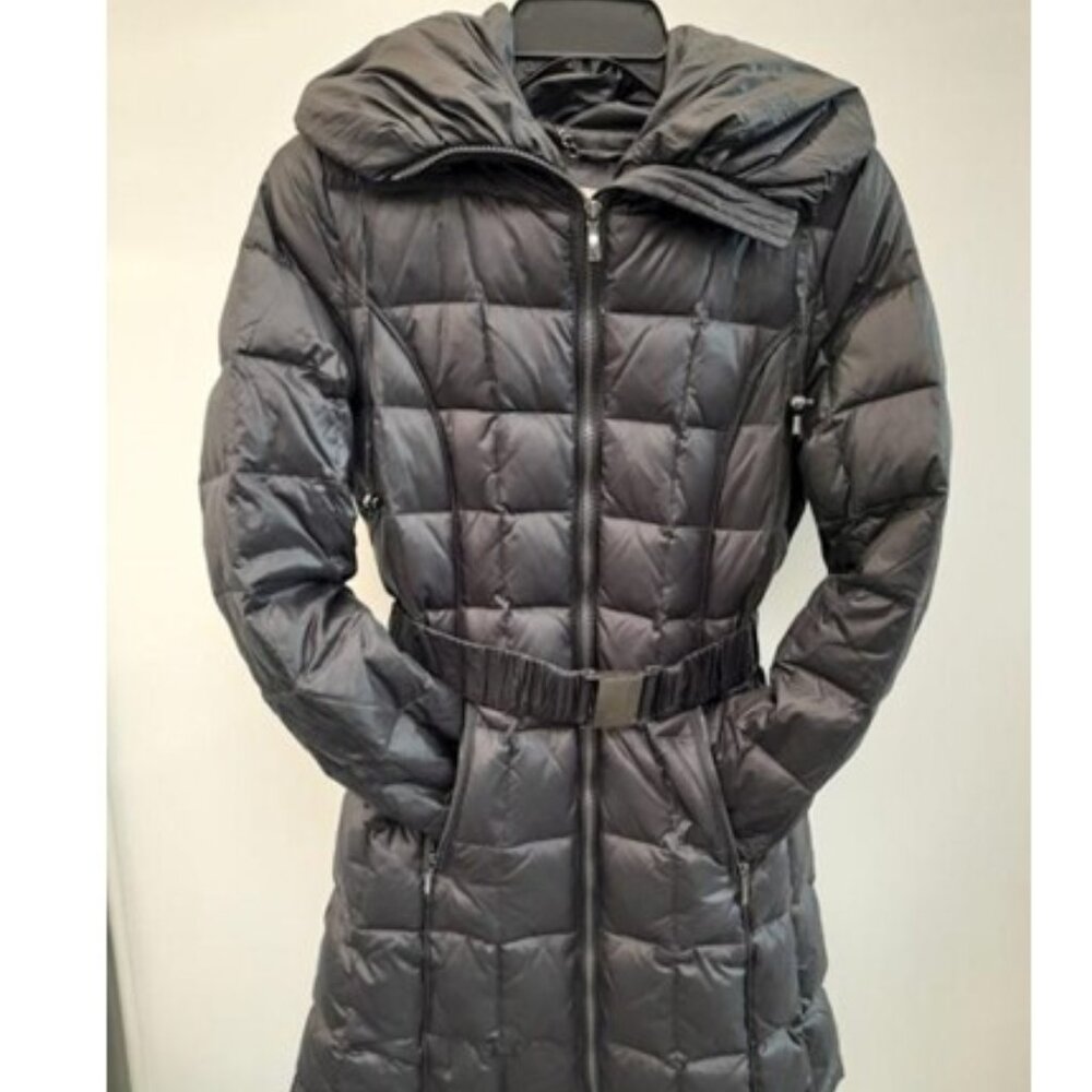 Laundry By Shelli Segal Puffer Down Black Sz XS Belted Coat Jacket Hood Quilted